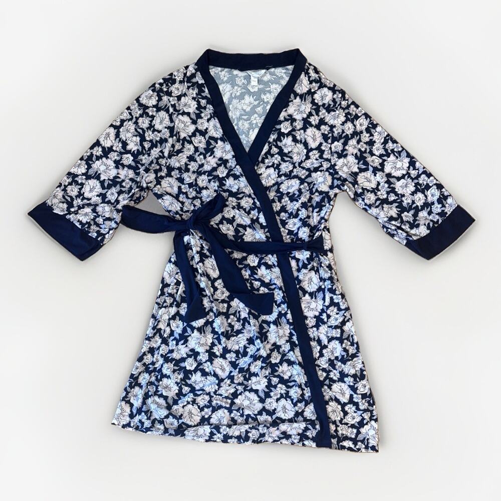 Marilyn Monroe Floral Wrap Robe Pink Blue Soft Slinky Belted V-Neck Size Medium